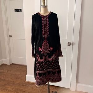Black Velvet Kurta with Dark Pink & Gold Embroidery NWT